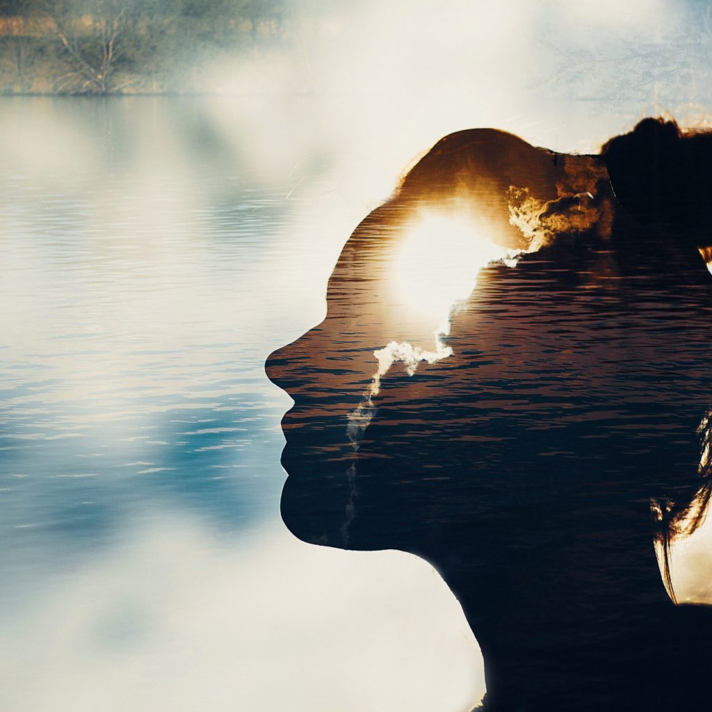 Sun in woman's head. Mindset and psychology concept